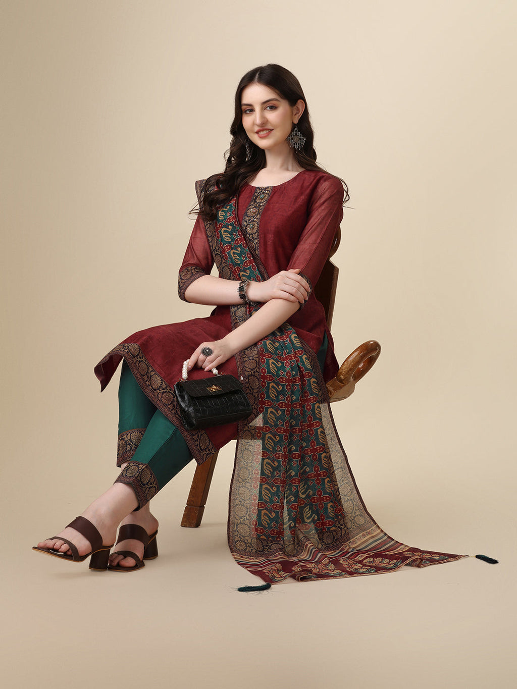Printed & Hand Embroidered Kurta With Pant And Printed Dupatta Set, Multicolor - Hiral Fashion | Grocsy