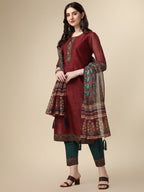 Printed & Hand Embroidered Kurta With Pant And Printed Dupatta Set, Multicolor - Hiral Fashion | Grocsy
