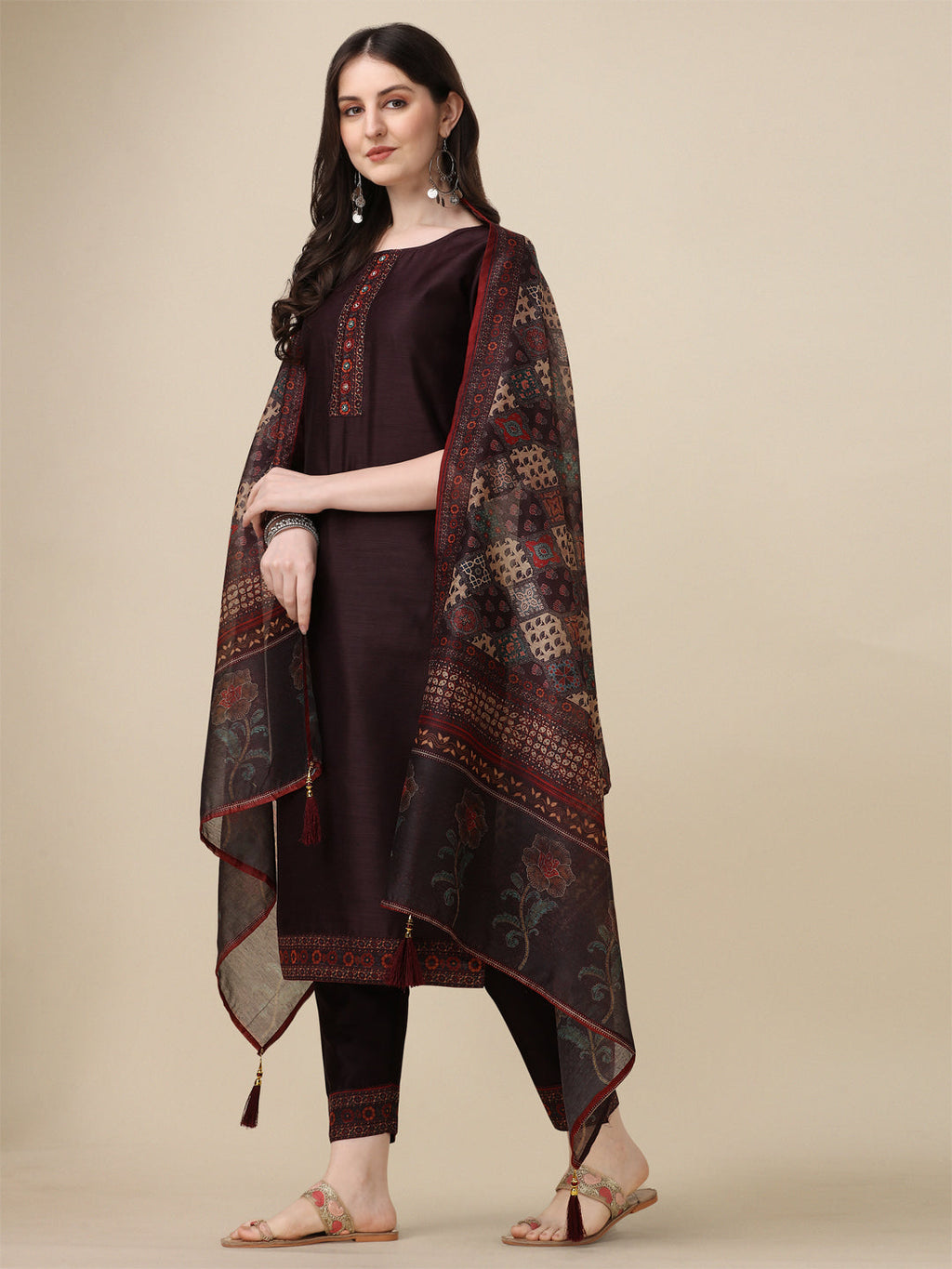 Hand Embroidered Kurta With Pant And Dupatta Set, Multicolor - Hiral Fashion | Grocsy