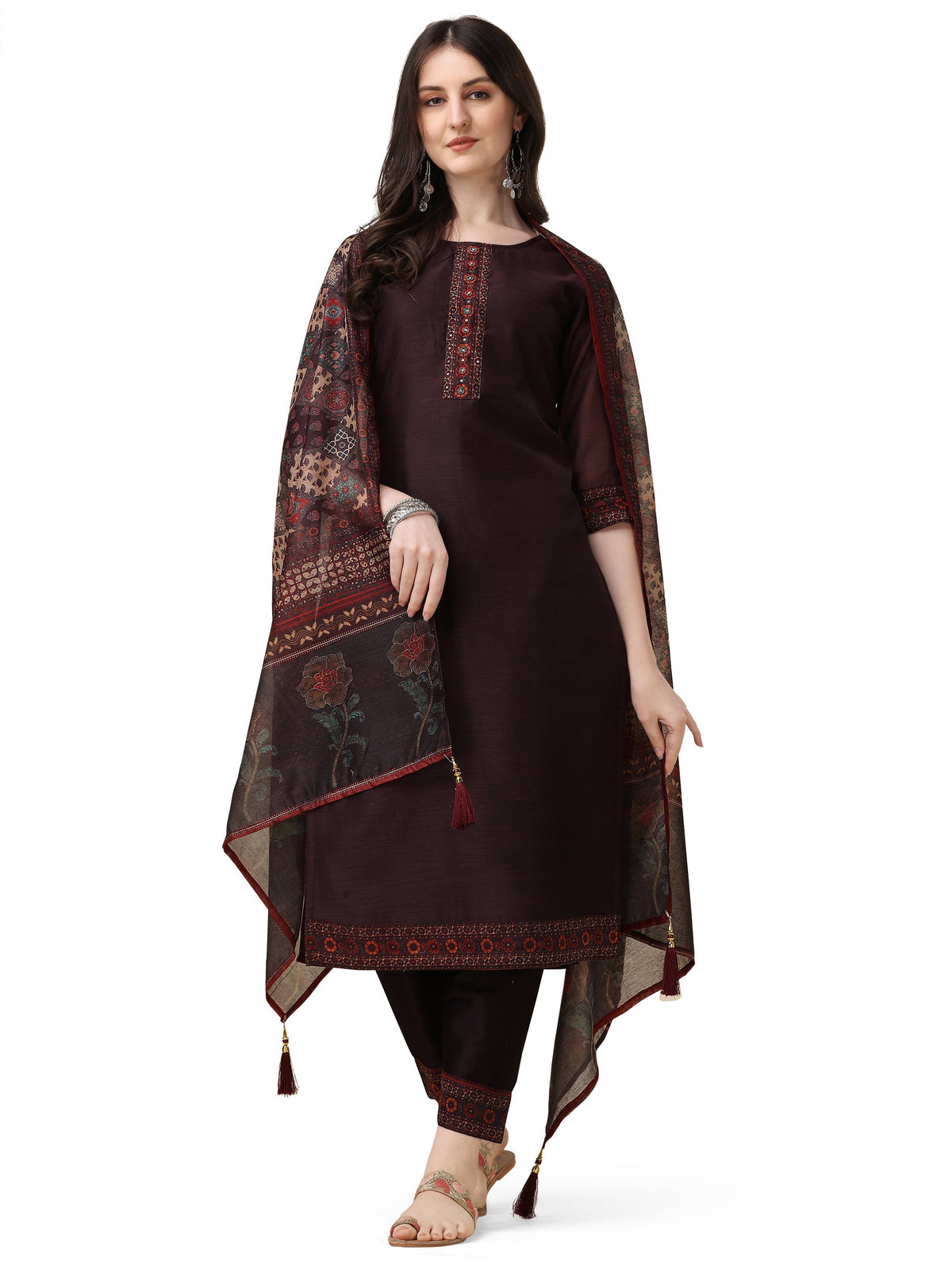 Hand Embroidered Kurta With Pant And Dupatta Set, Multicolor - Hiral Fashion | Grocsy