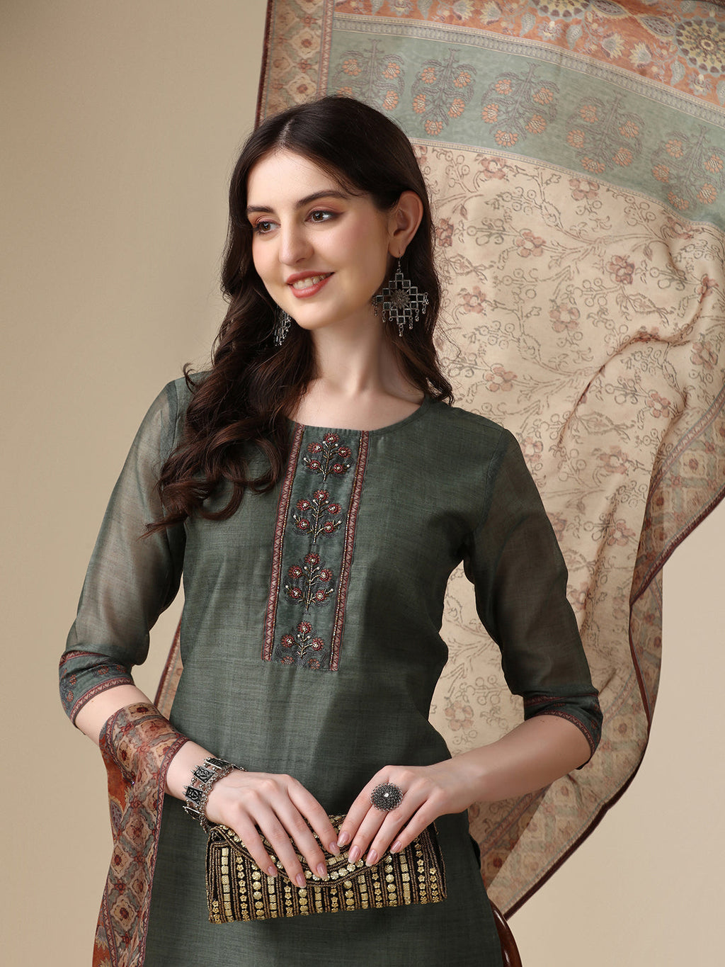 Printed & Hand Embroidered Kurta With Pant And Printed Dupatta Set, Multicolor - Hiral Fashion | Grocsy