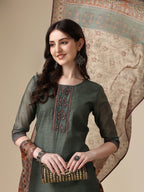 Printed & Hand Embroidered Kurta With Pant And Printed Dupatta Set, Multicolor - Hiral Fashion | Grocsy