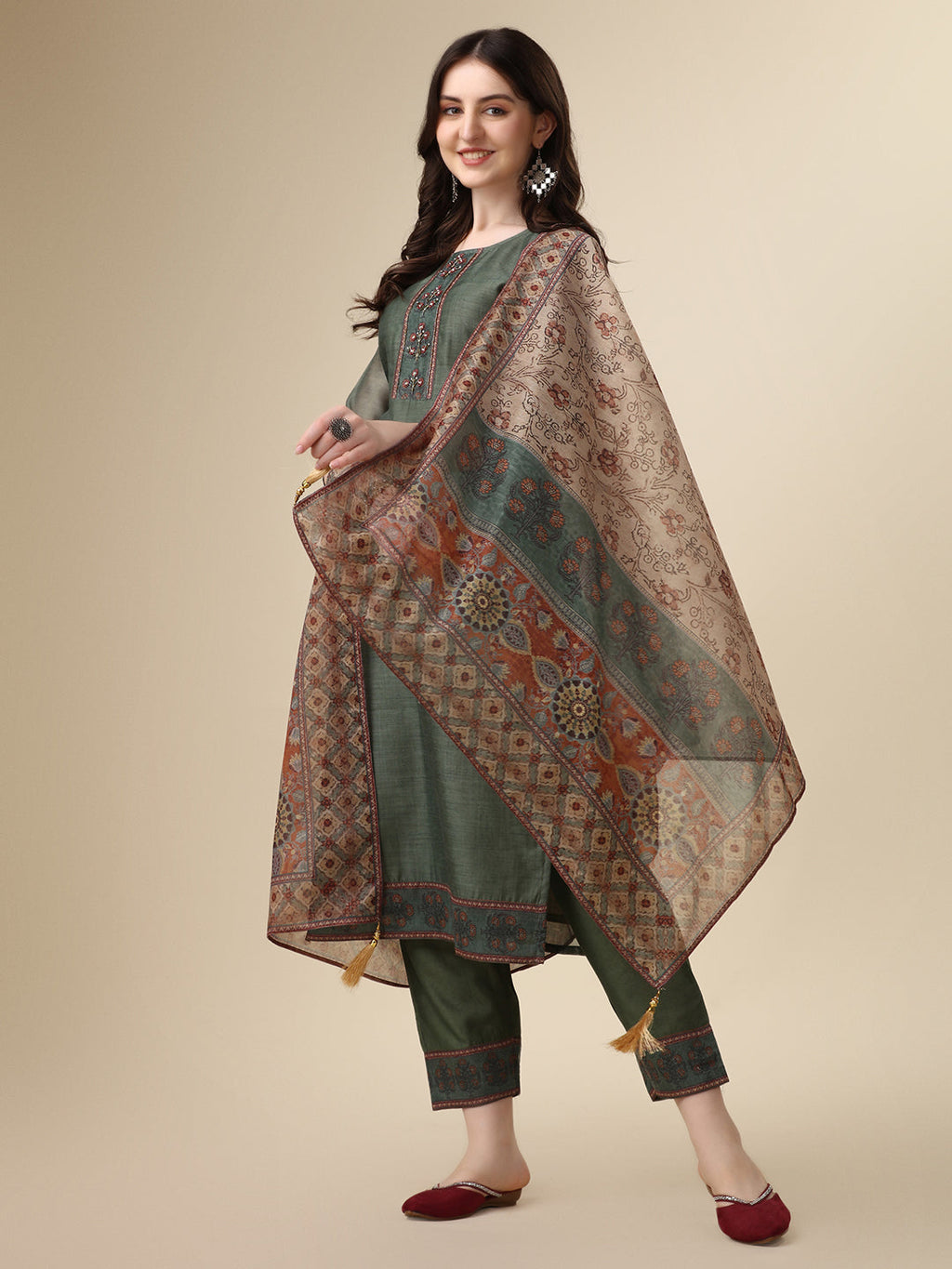 Printed & Hand Embroidered Kurta With Pant And Printed Dupatta Set, Multicolor - Hiral Fashion | Grocsy