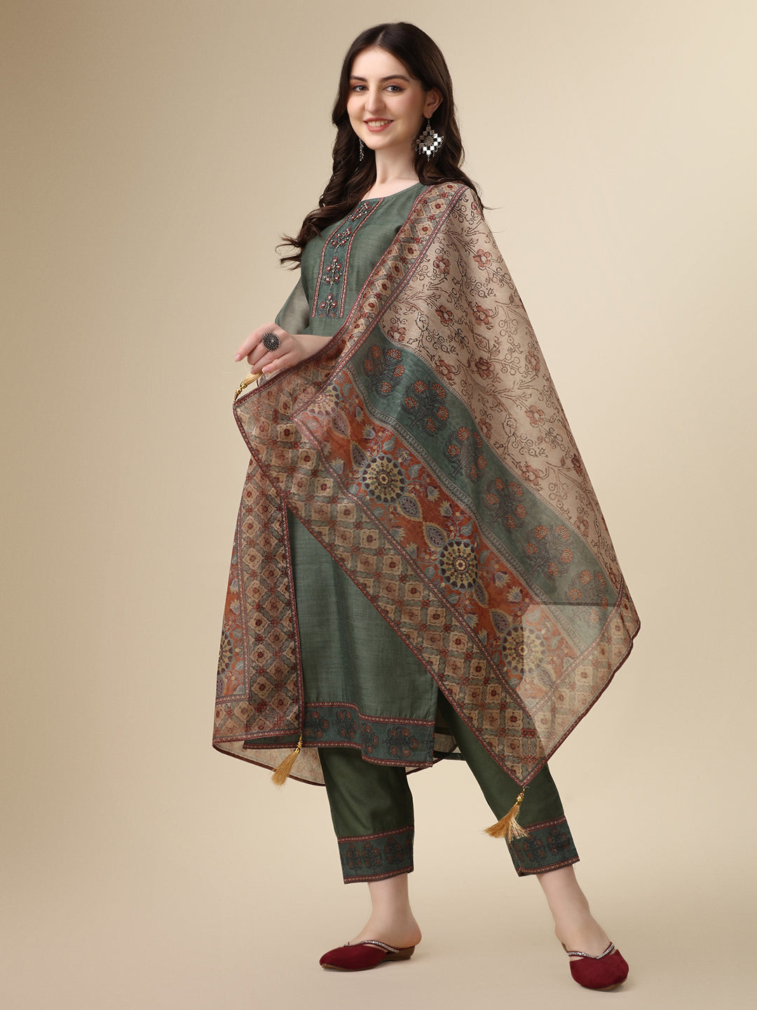 Printed & Hand Embroidered Kurta With Pant And Printed Dupatta Set, Multicolor - Hiral Fashion | Grocsy