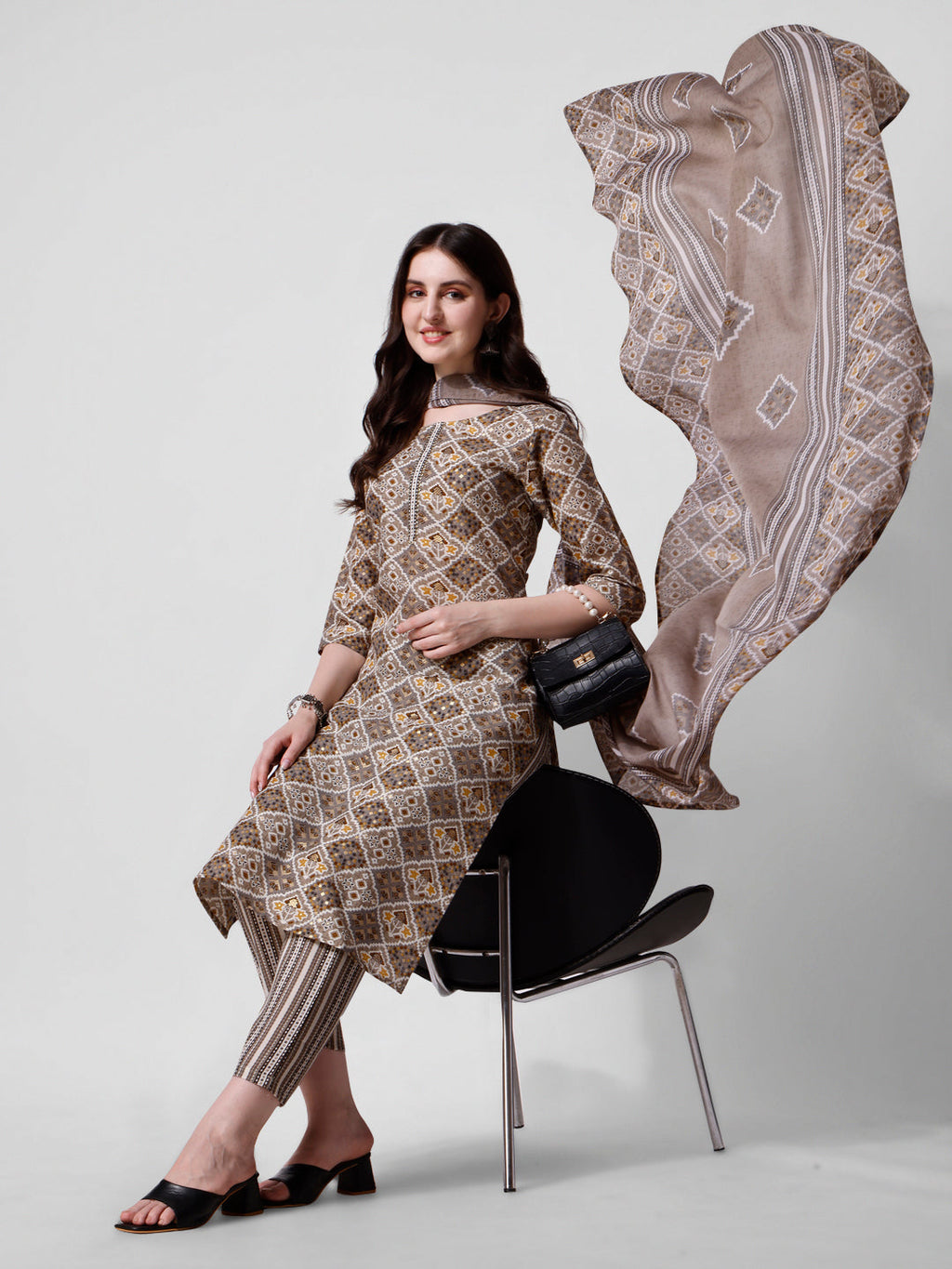Printed Brown Kurta Pant & Dupatta Set, Multicolor - Hiral Fashion | Grocsy