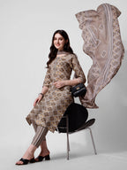 Printed Brown Kurta Pant & Dupatta Set, Multicolor - Hiral Fashion | Grocsy