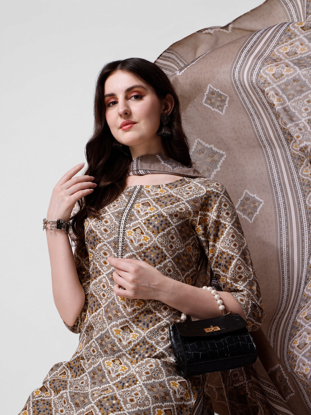 Printed Brown Kurta Pant & Dupatta Set, Multicolor - Hiral Fashion | Grocsy