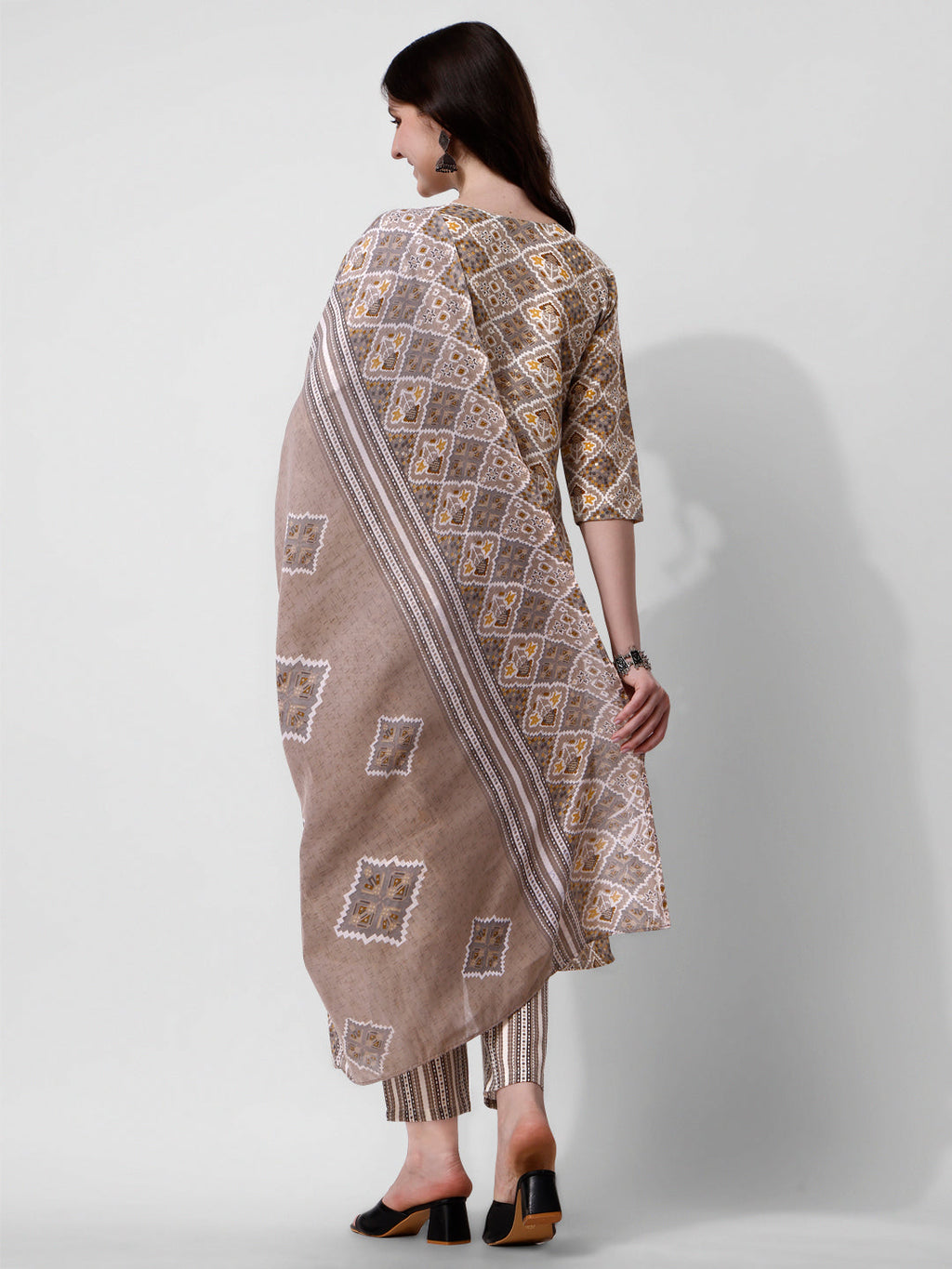 Printed Brown Kurta Pant & Dupatta Set, Multicolor - Hiral Fashion | Grocsy