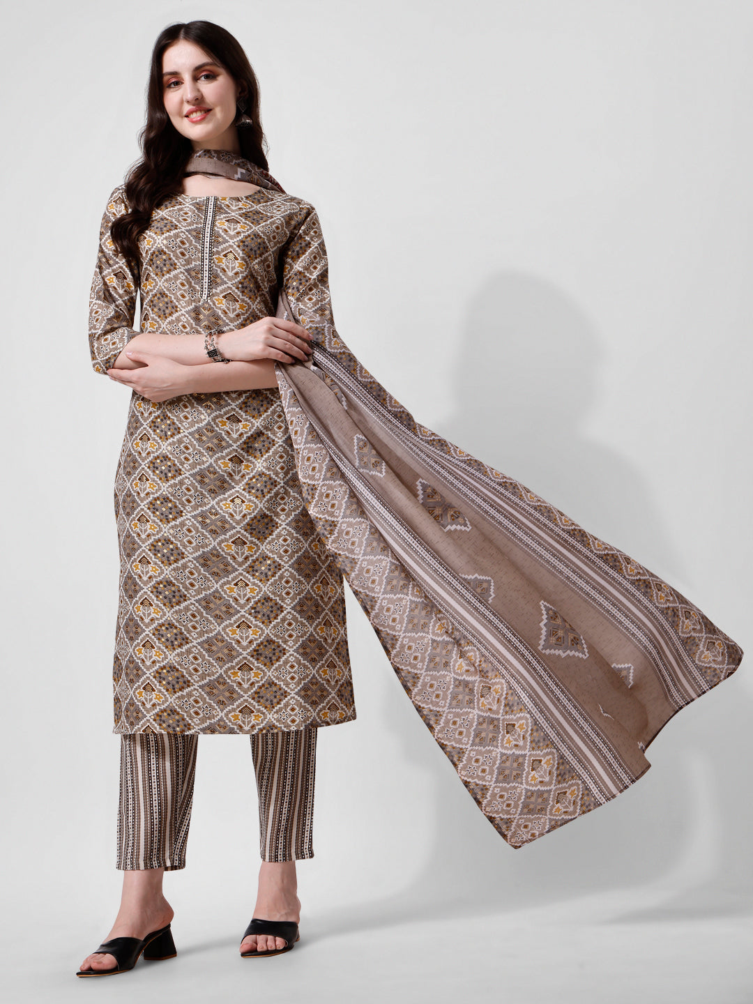 Printed Brown Kurta Pant & Dupatta Set, Multicolor - Hiral Fashion | Grocsy