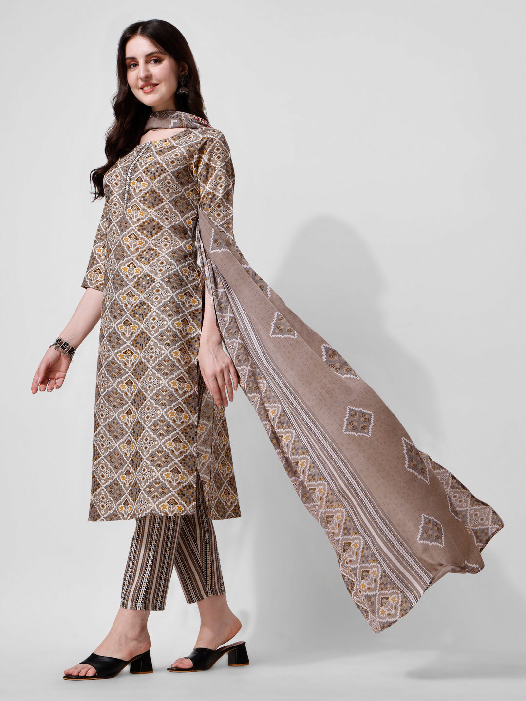 Printed Brown Kurta Pant & Dupatta Set, Multicolor - Hiral Fashion | Grocsy
