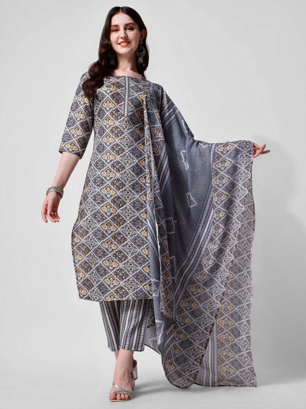 Printed Blue Kurta Pant & Dupatta Set, Multicolor - Hiral Fashion | Grocsy
