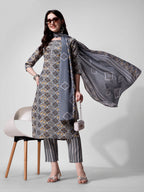 Printed Blue Kurta Pant & Dupatta Set, Multicolor - Hiral Fashion | Grocsy