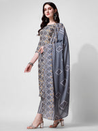 Printed Blue Kurta Pant & Dupatta Set, Multicolor - Hiral Fashion | Grocsy