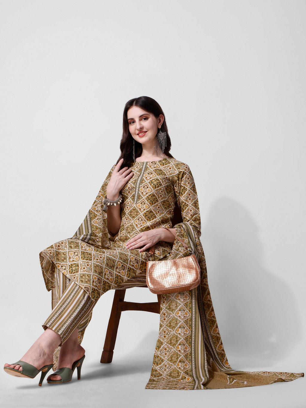 Printed Green Kurta Pant & Dupatta Set, Multicolor - Hiral Fashion | Grocsy