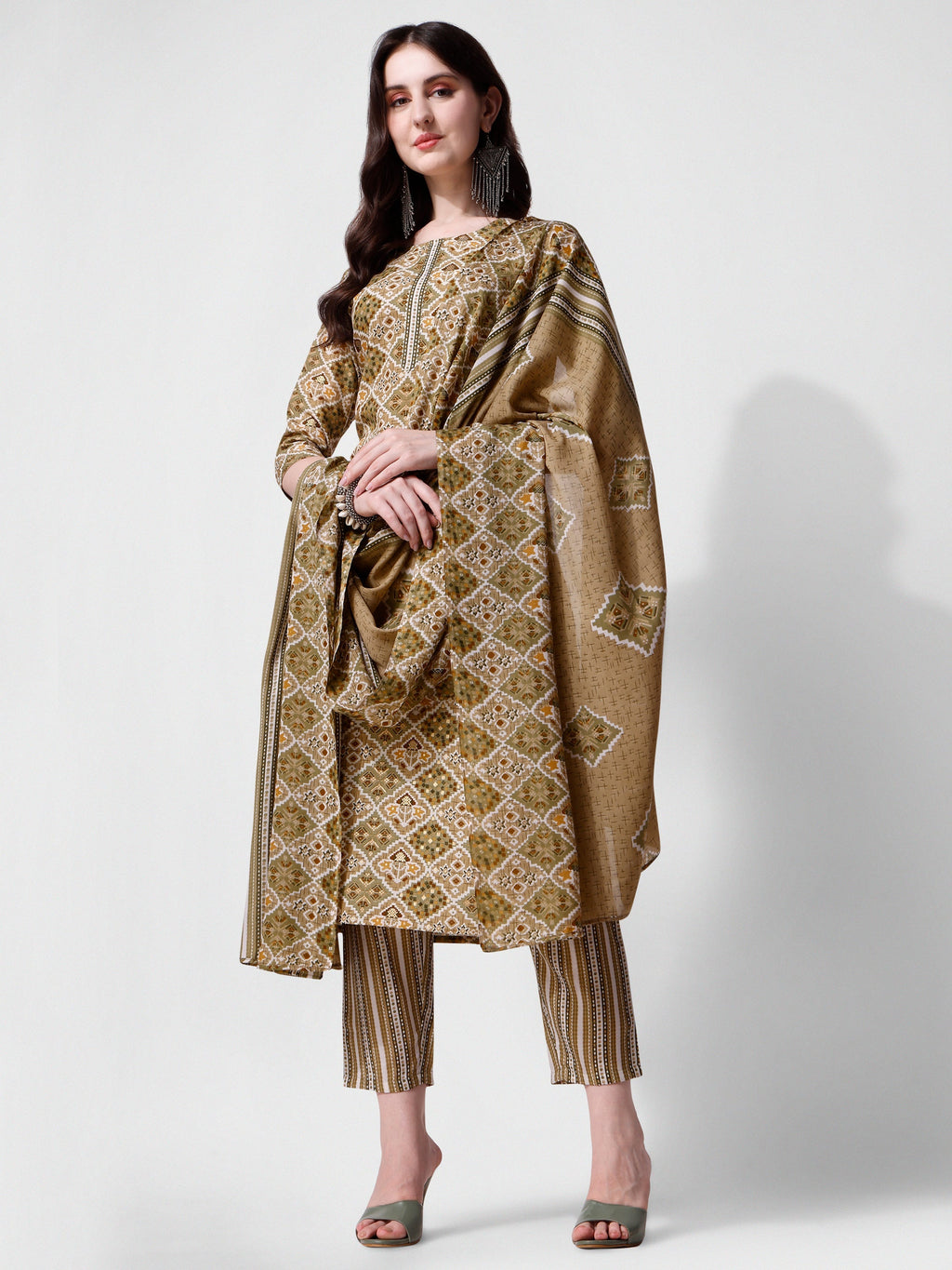 Printed Green Kurta Pant & Dupatta Set, Multicolor - Hiral Fashion | Grocsy