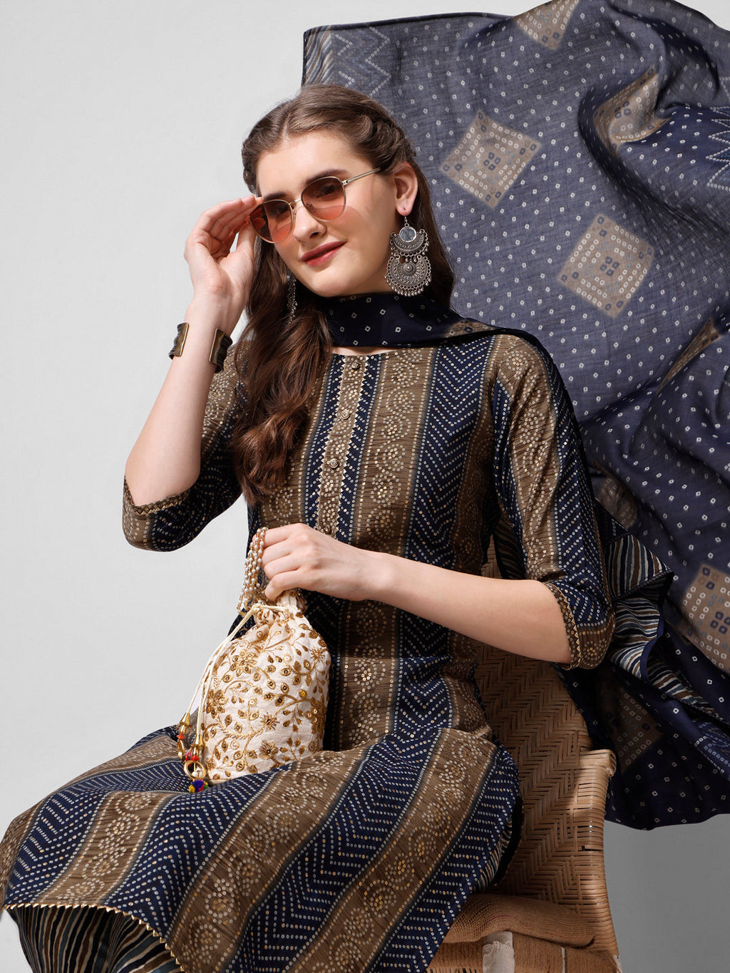Printed Kurta With Pant And Dupatta Set, Multicolor - Hiral Fashion | Grocsy