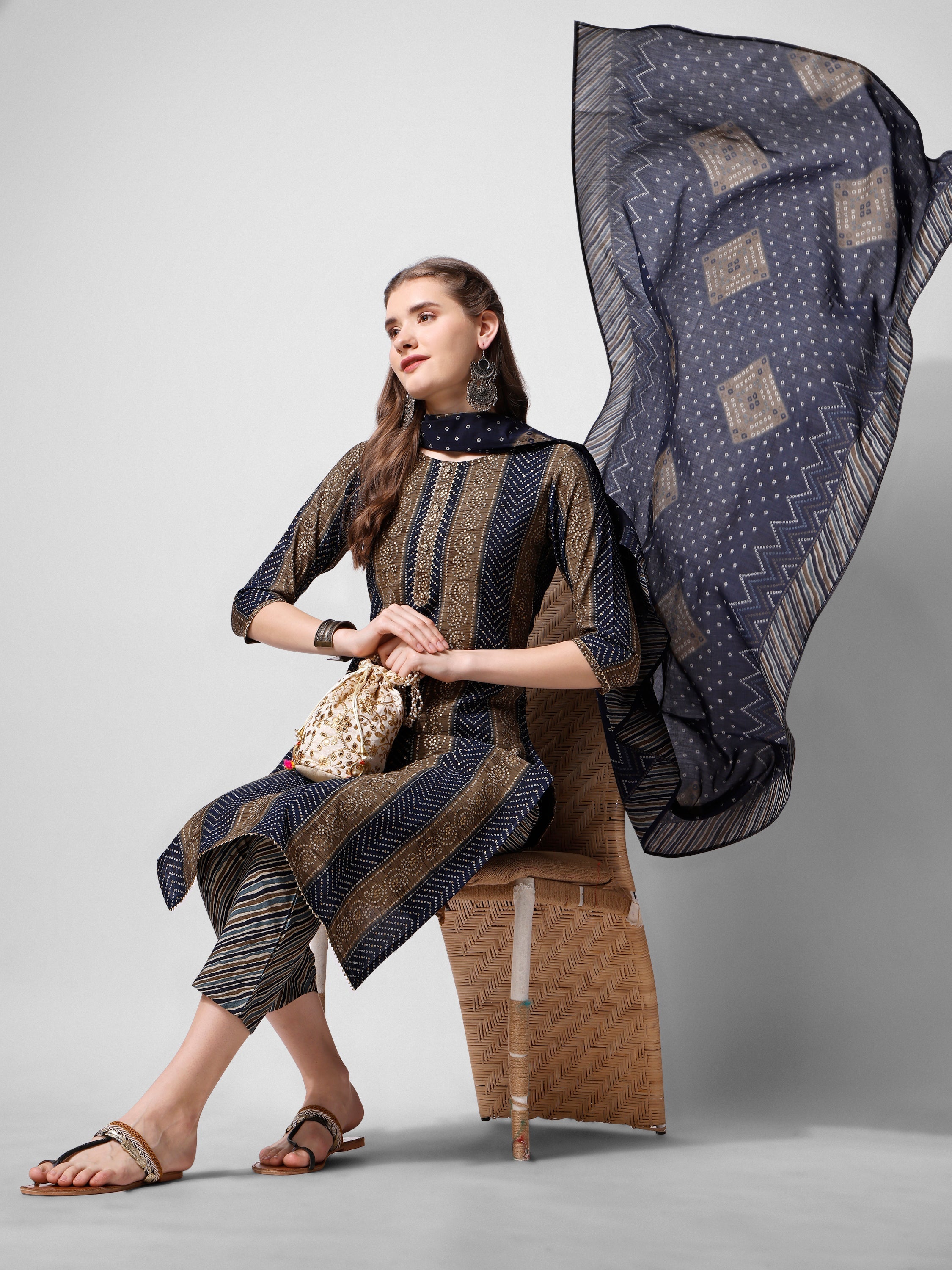 Printed Kurta With Pant And Dupatta Set, Multicolor - Hiral Fashion | Grocsy