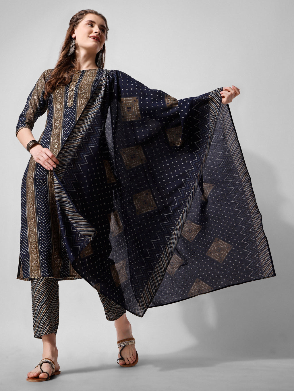 Printed Kurta With Pant And Dupatta Set, Multicolor - Hiral Fashion | Grocsy