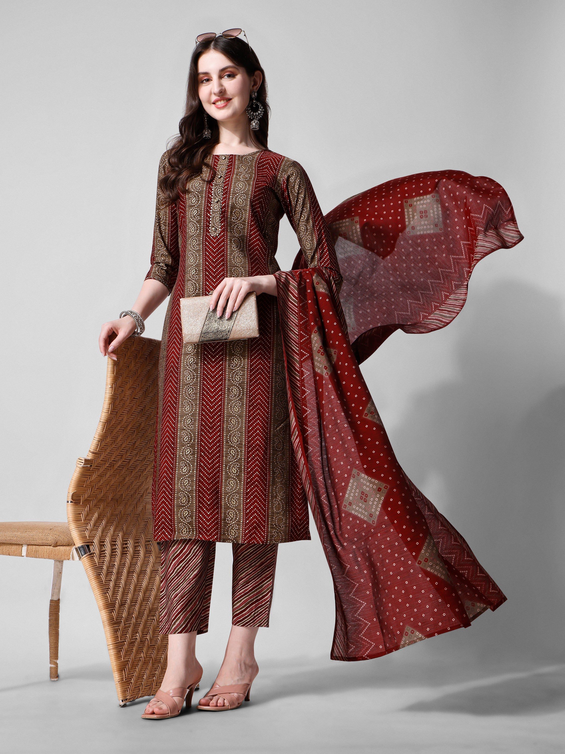 Printed Kurta With Pant And Dupatta Set, Multicolor - Hiral Fashion | Grocsy