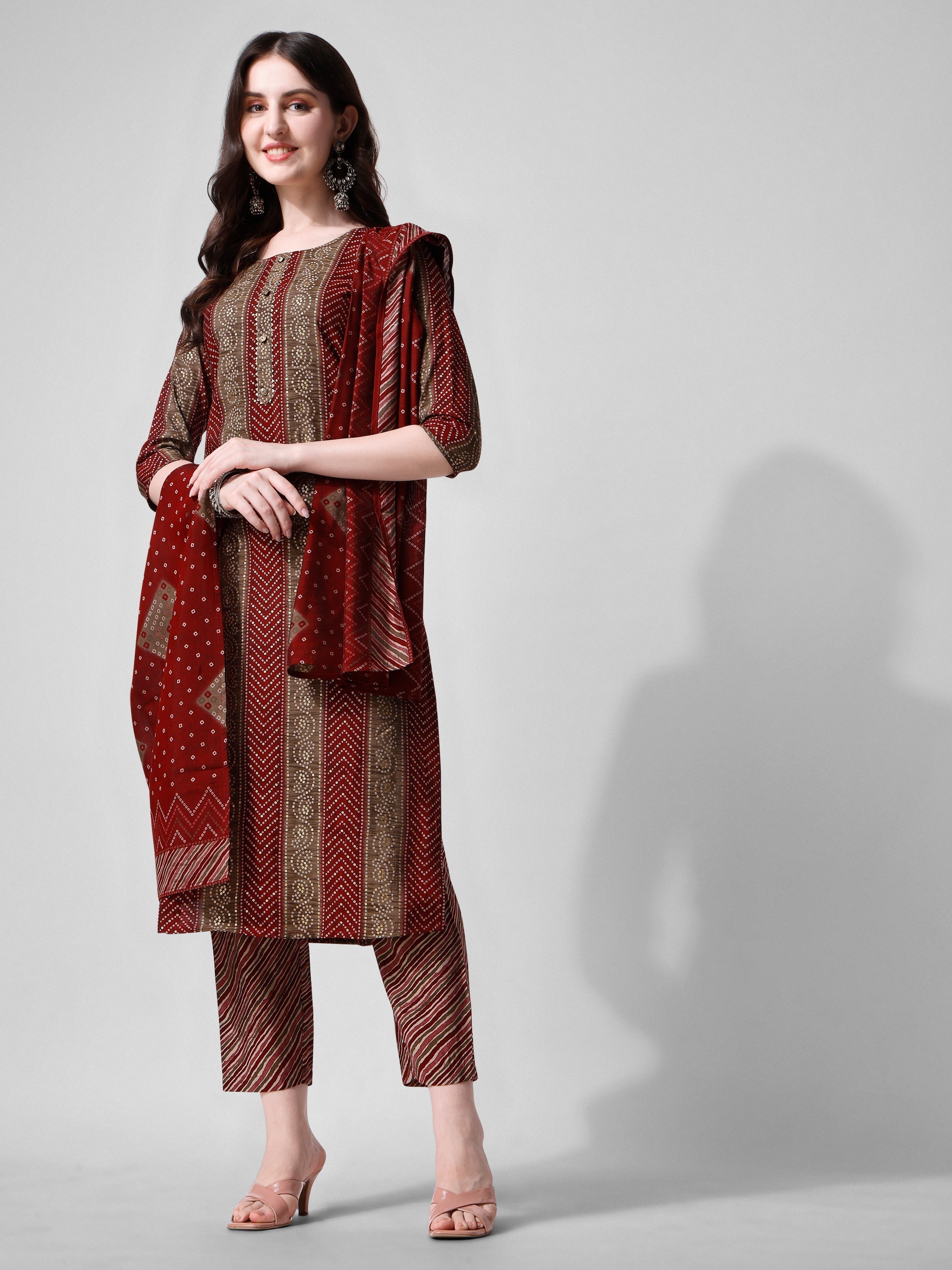 Printed Kurta With Pant And Dupatta Set, Multicolor - Hiral Fashion | Grocsy