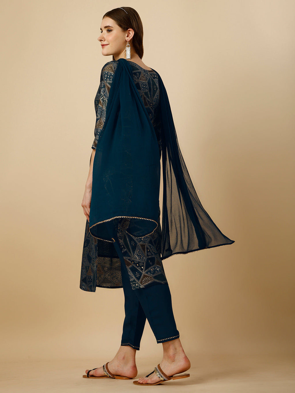 Geometric Printed Kurta With Pant And Dupatta Set, Multicolor - Hiral Fashion | Grocsy