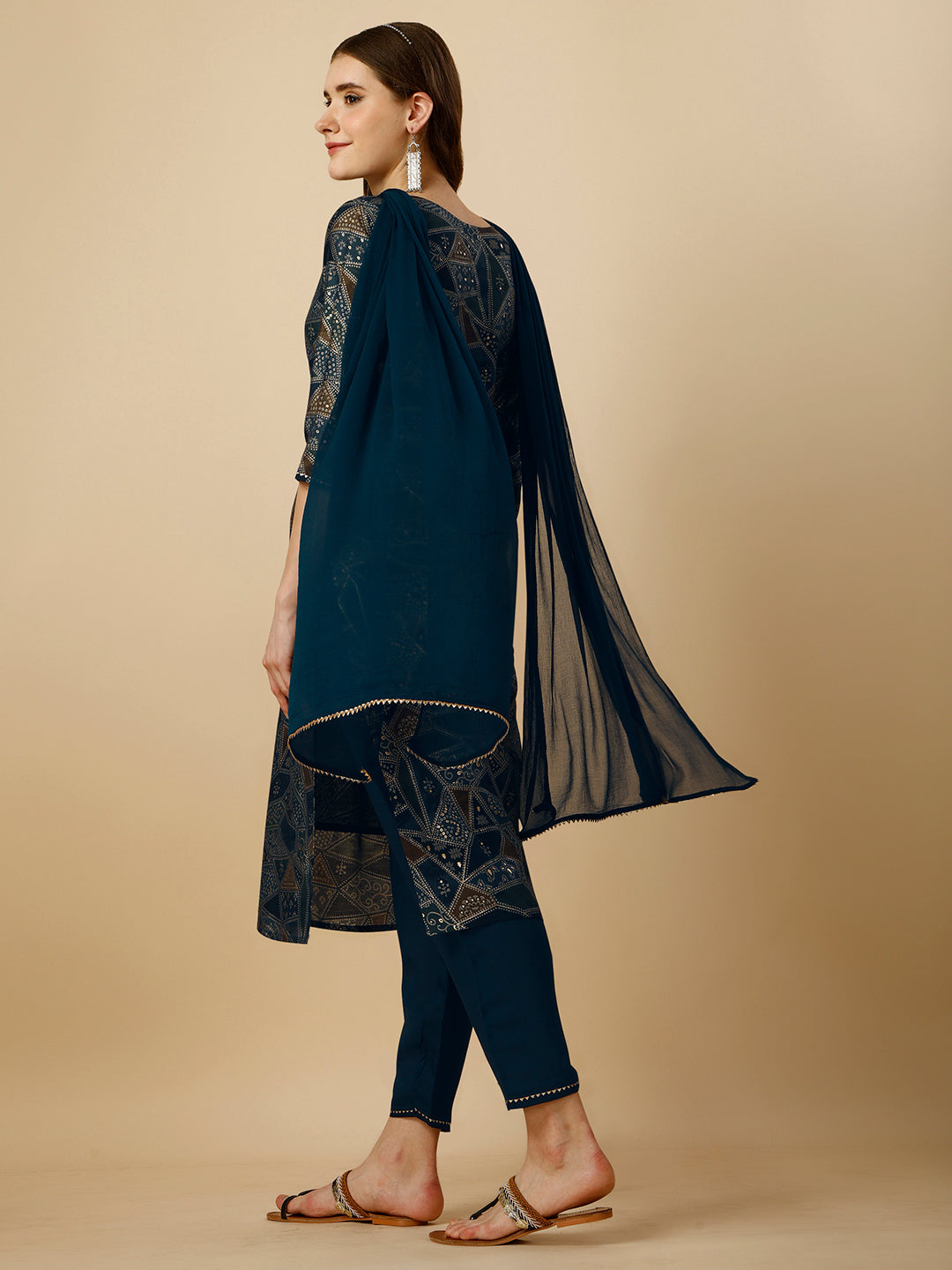 Geometric Printed Kurta With Pant And Dupatta Set, Multicolor - Hiral Fashion | Grocsy