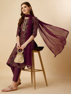 Printed Button And Embellished Kurta With Pant And Dupatta Set, Multicolor - Hiral Fashion | Grocsy