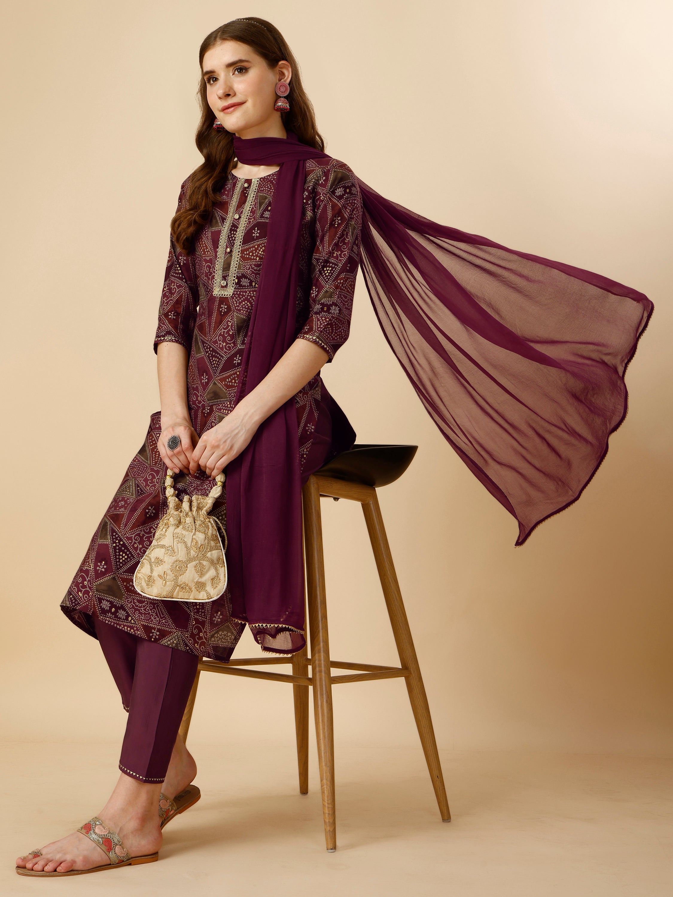 Printed Button And Embellished Kurta With Pant And Dupatta Set, Multicolor - Hiral Fashion | Grocsy