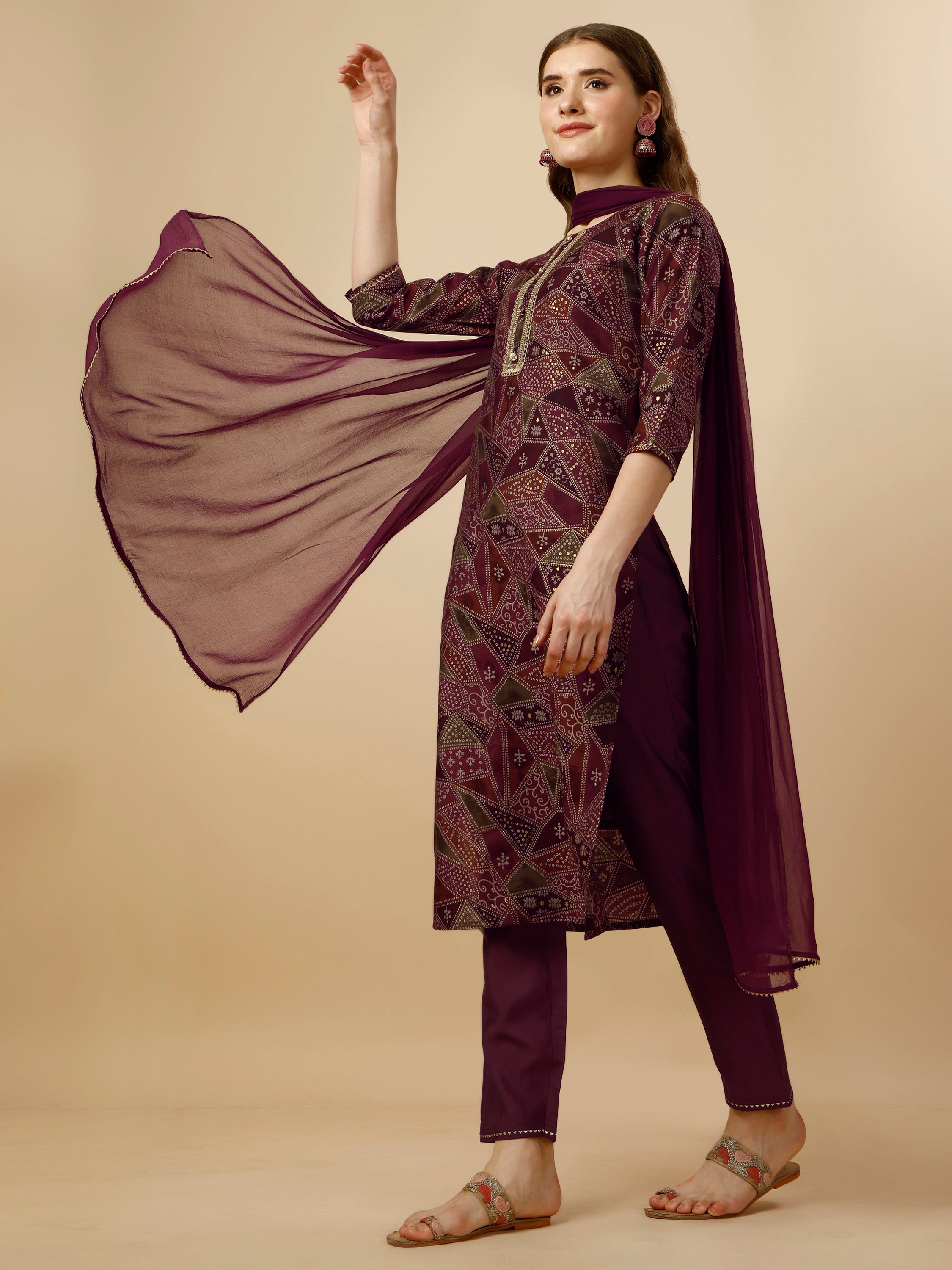 Printed Button And Embellished Kurta With Pant And Dupatta Set, Multicolor - Hiral Fashion | Grocsy