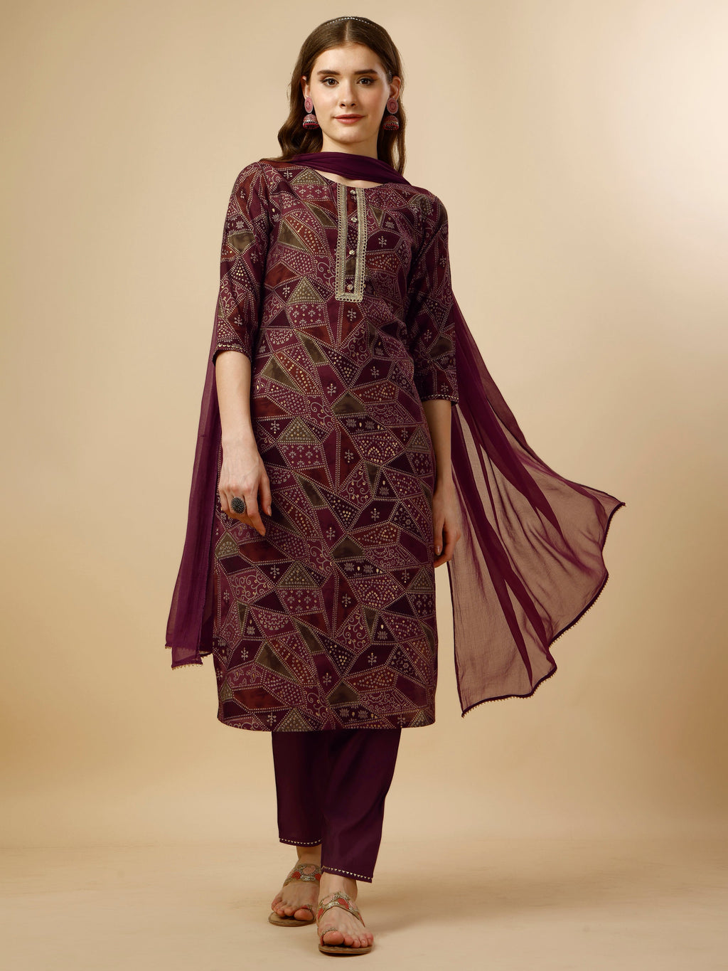 Printed Button And Embellished Kurta With Pant And Dupatta Set, Multicolor - Hiral Fashion | Grocsy