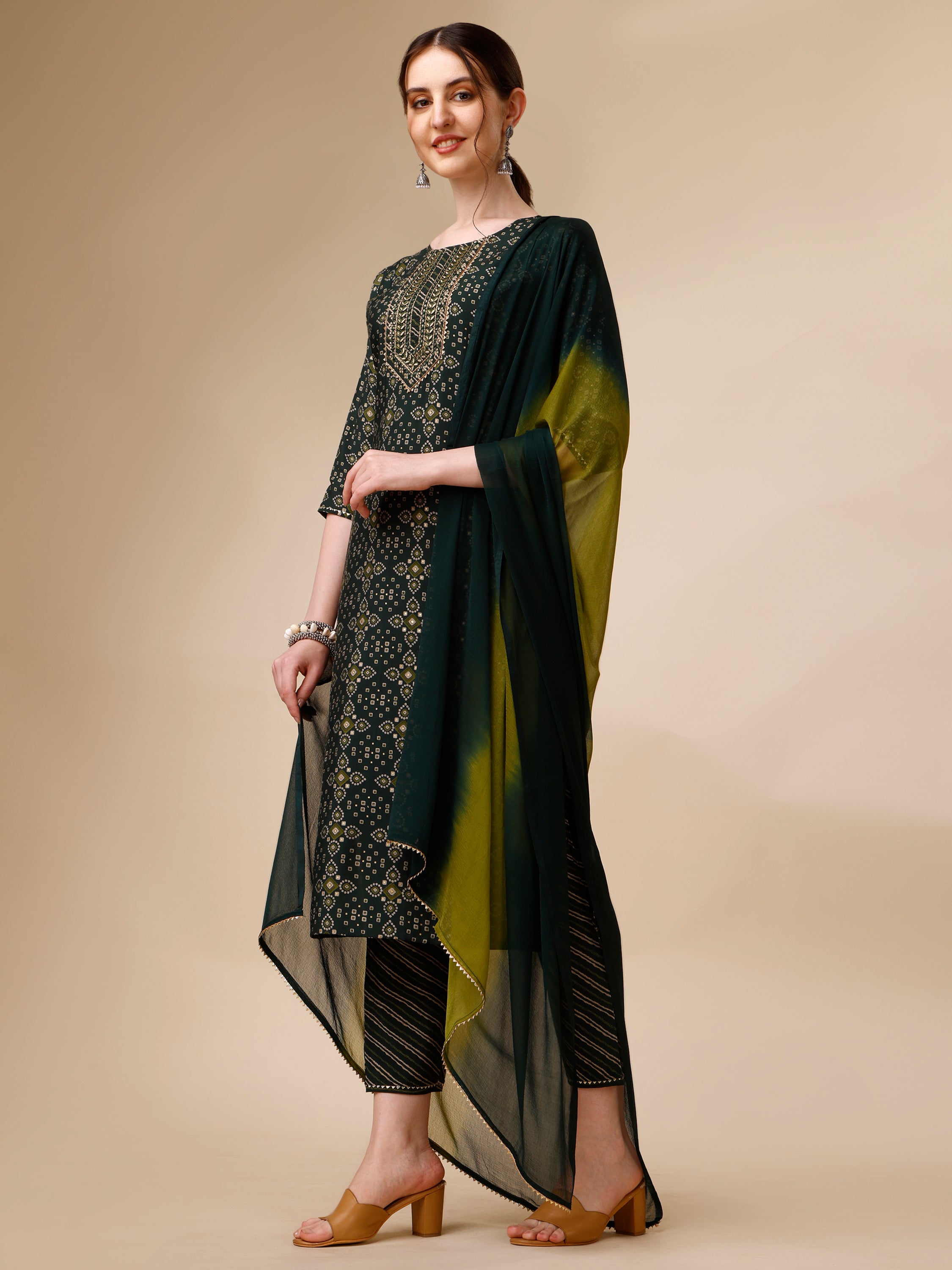 Ethnic Motif & Embroidered Kurta With Pant & Dupatta Set, Multicolor - Hiral Fashion | Grocsy