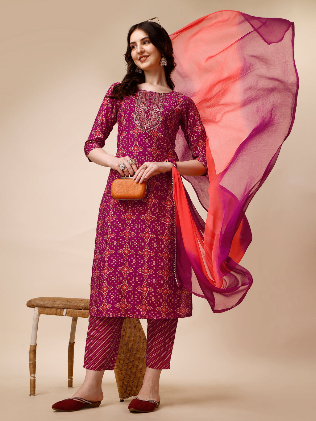 Ethnic Motif & Embroidered Kurta With Pant & Dupatta Set, Multicolor - Hiral Fashion | Grocsy