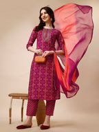 Ethnic Motif & Embroidered Kurta With Pant & Dupatta Set, Multicolor - Hiral Fashion | Grocsy