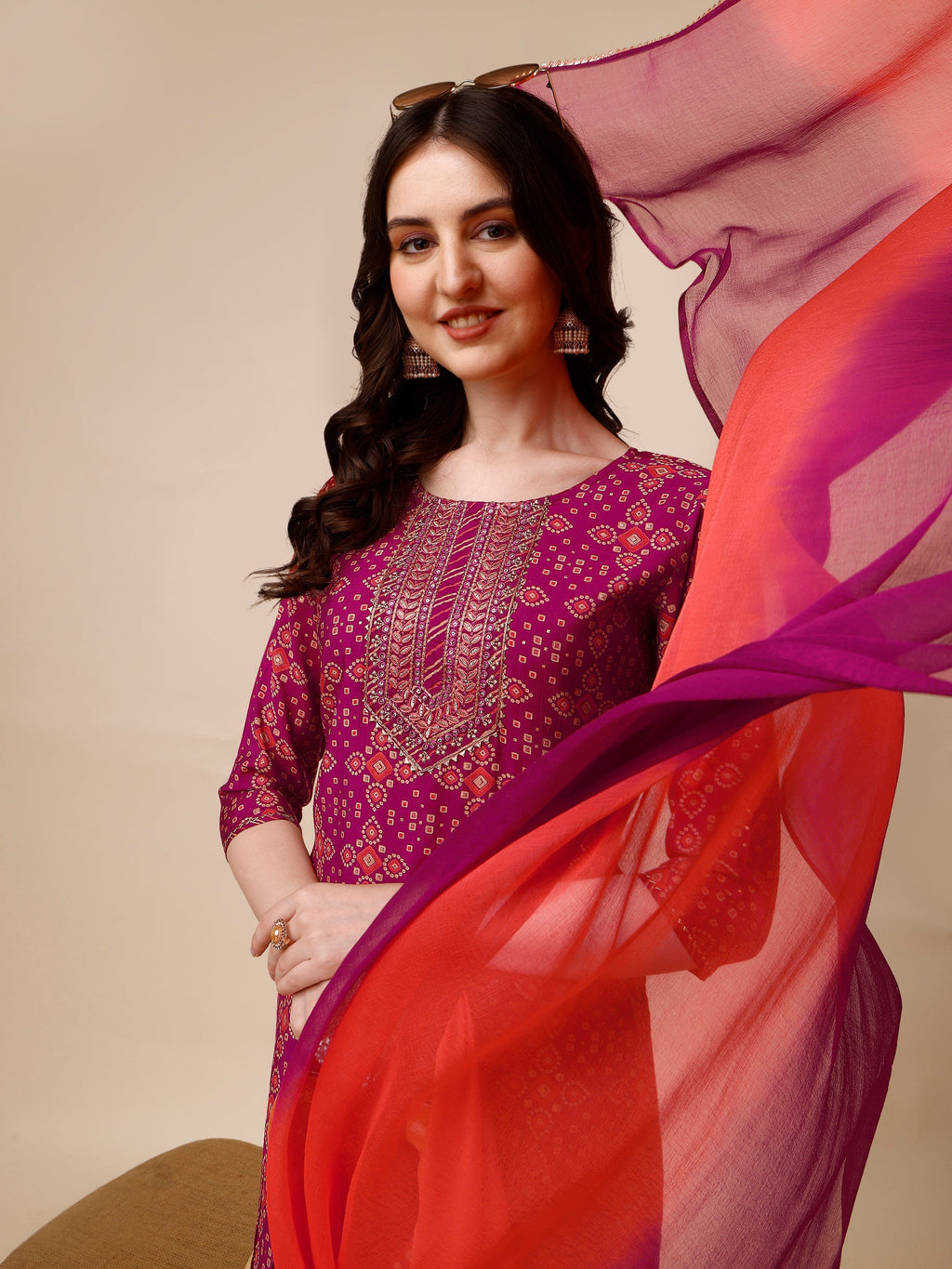 Ethnic Motif & Embroidered Kurta With Pant & Dupatta Set, Multicolor - Hiral Fashion | Grocsy