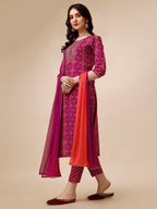 Ethnic Motif & Embroidered Kurta With Pant & Dupatta Set, Multicolor - Hiral Fashion | Grocsy