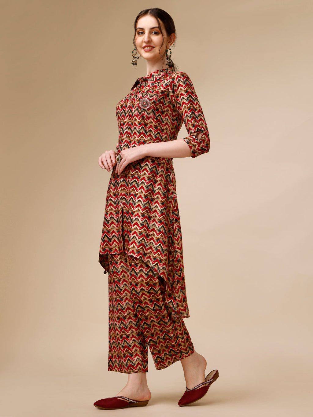 Placement Embroidered Chevron Printed Asymmetric Co-Ords, Multicolor - Hiral Fashion | Grocsy