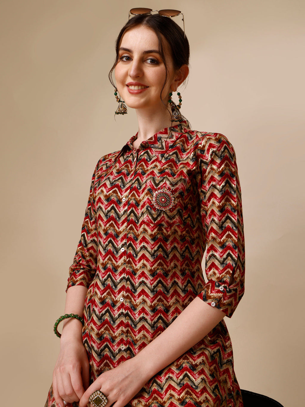 Placement Embroidered Chevron Printed Asymmetric Co-Ords, Multicolor - Hiral Fashion | Grocsy