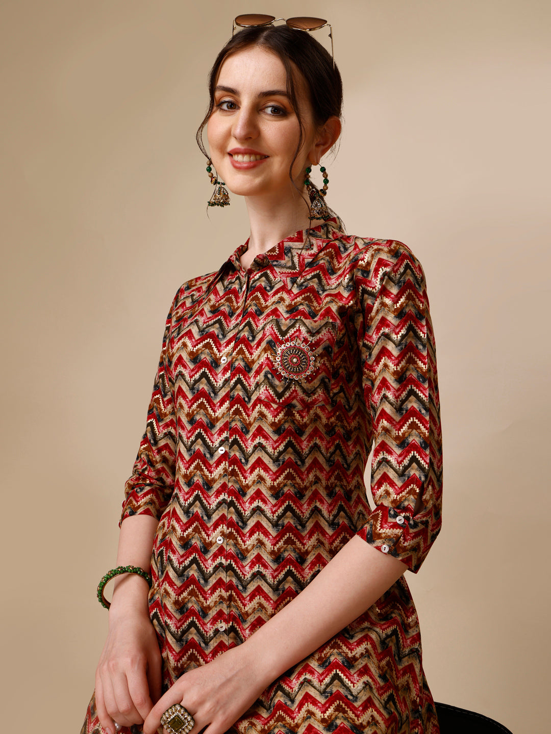 Placement Embroidered Chevron Printed Asymmetric Co-Ords, Multicolor - Hiral Fashion | Grocsy