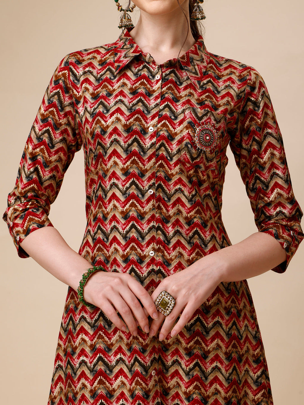Placement Embroidered Chevron Printed Asymmetric Co-Ords, Multicolor - Hiral Fashion | Grocsy