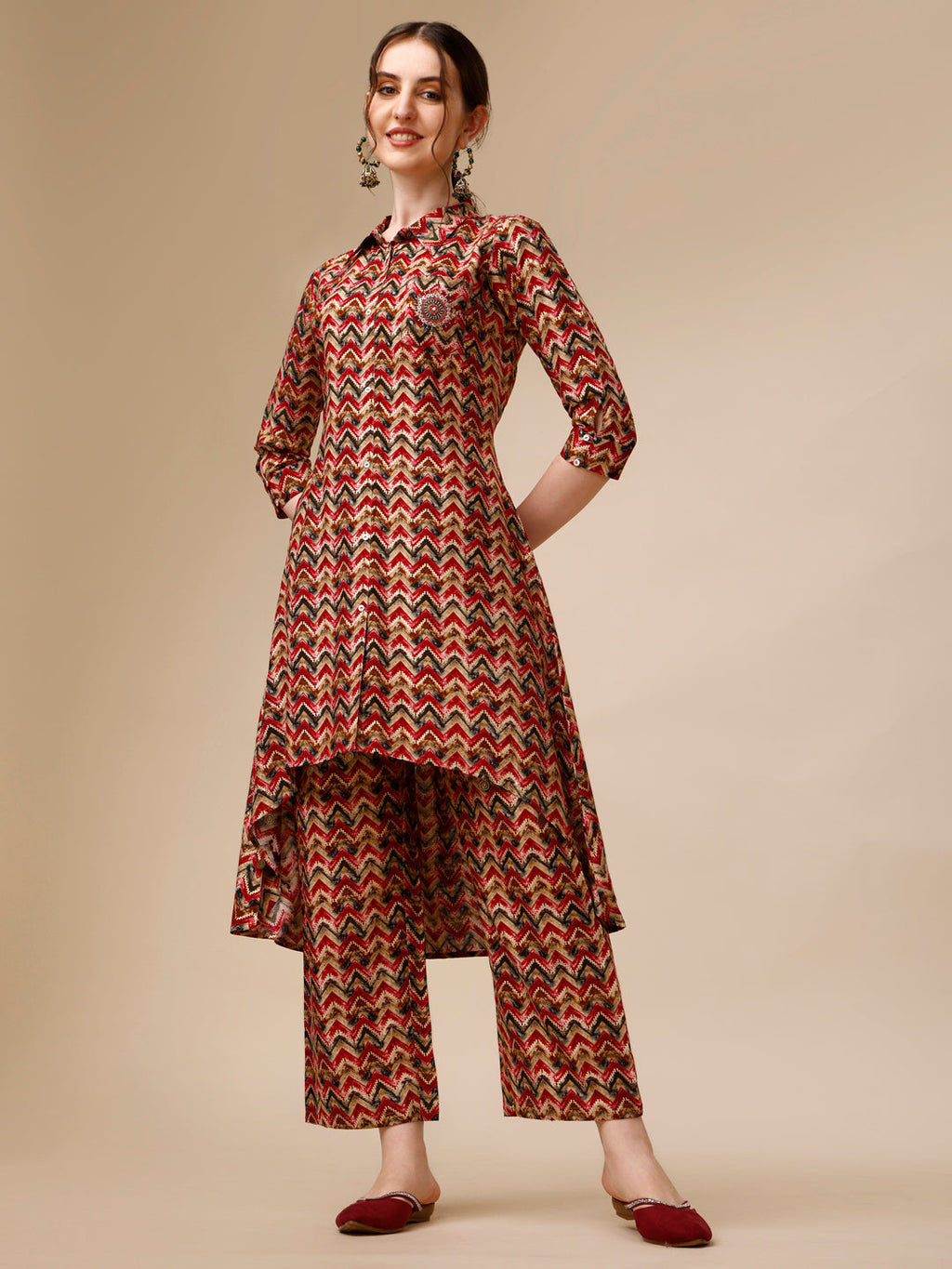 Placement Embroidered Chevron Printed Asymmetric Co-Ords, Multicolor - Hiral Fashion | Grocsy