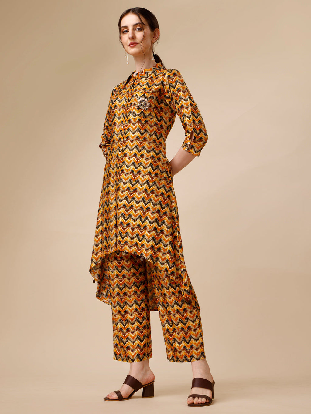 Placement Embroidered Chevron Printed Asymmetric Co-Ords, Multicolor - Hiral Fashion | Grocsy