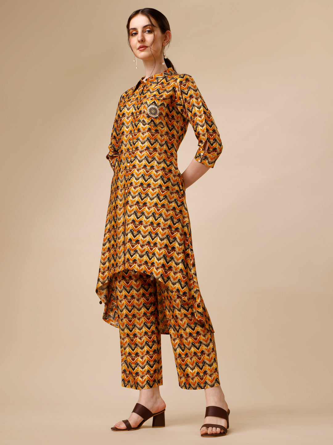 Placement Embroidered Chevron Printed Asymmetric Co-Ords, Multicolor - Hiral Fashion | Grocsy