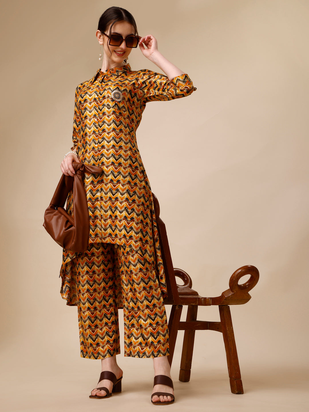 Placement Embroidered Chevron Printed Asymmetric Co-Ords, Multicolor - Hiral Fashion | Grocsy