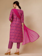 Mirror Embroidered & Printed Kurta With Pant & Dupatta Set, Multicolor - Hiral Fashion | Grocsy