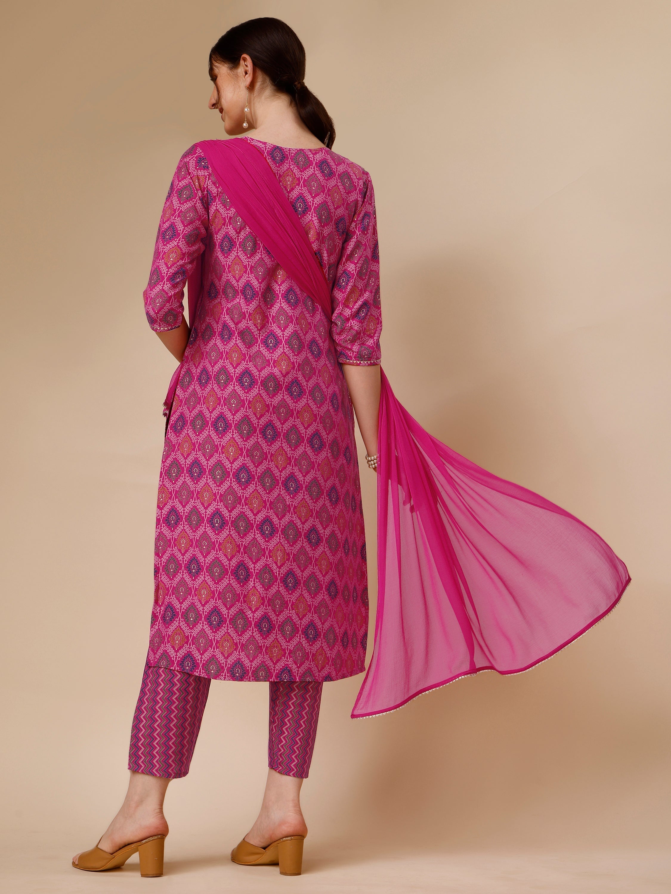 Mirror Embroidered & Printed Kurta With Pant & Dupatta Set, Multicolor - Hiral Fashion | Grocsy