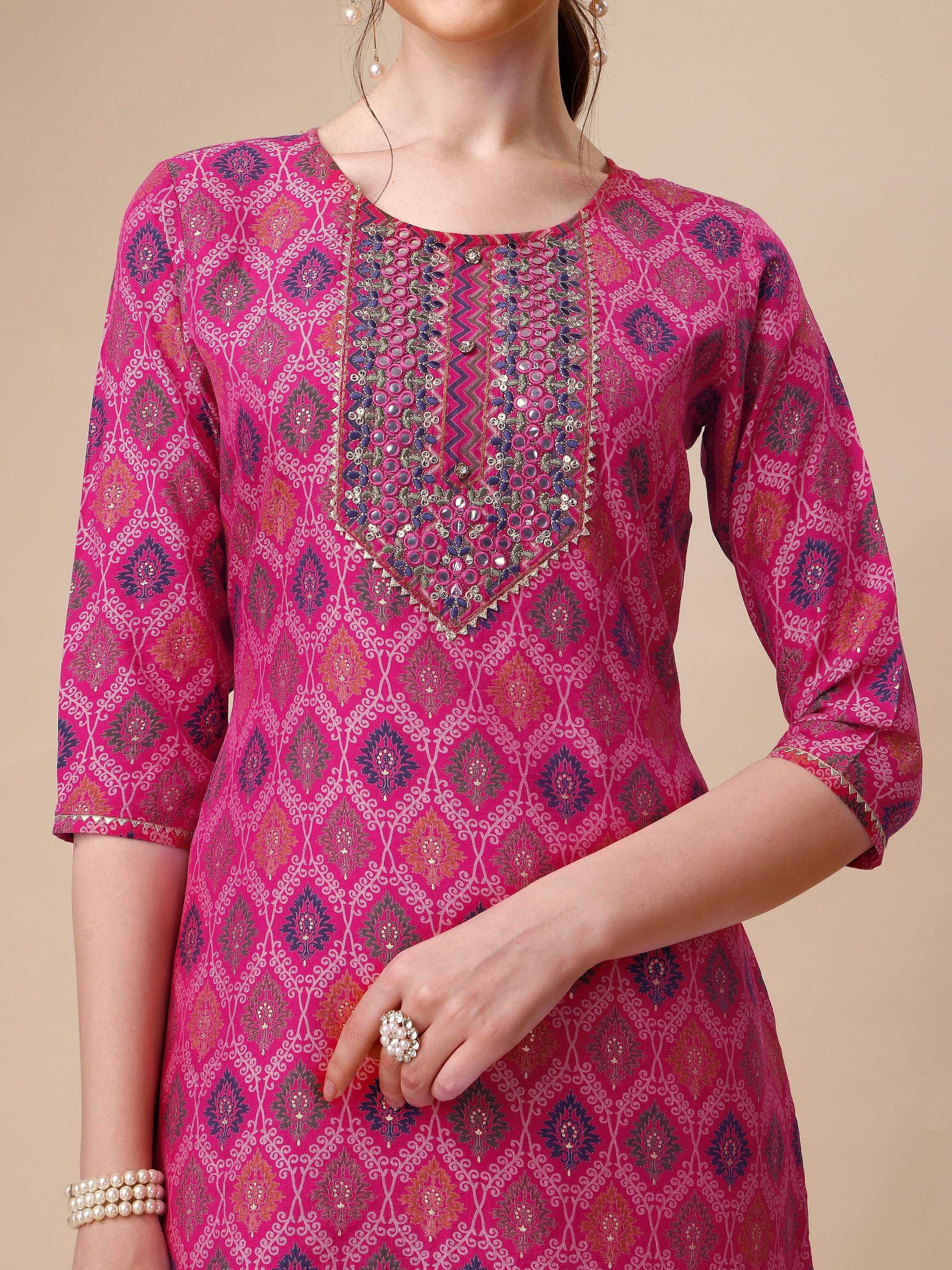 Mirror Embroidered & Printed Kurta With Pant & Dupatta Set, Multicolor - Hiral Fashion | Grocsy