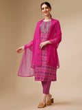 Mirror Embroidered & Printed Kurta With Pant & Dupatta Set, Multicolor - Hiral Fashion | Grocsy