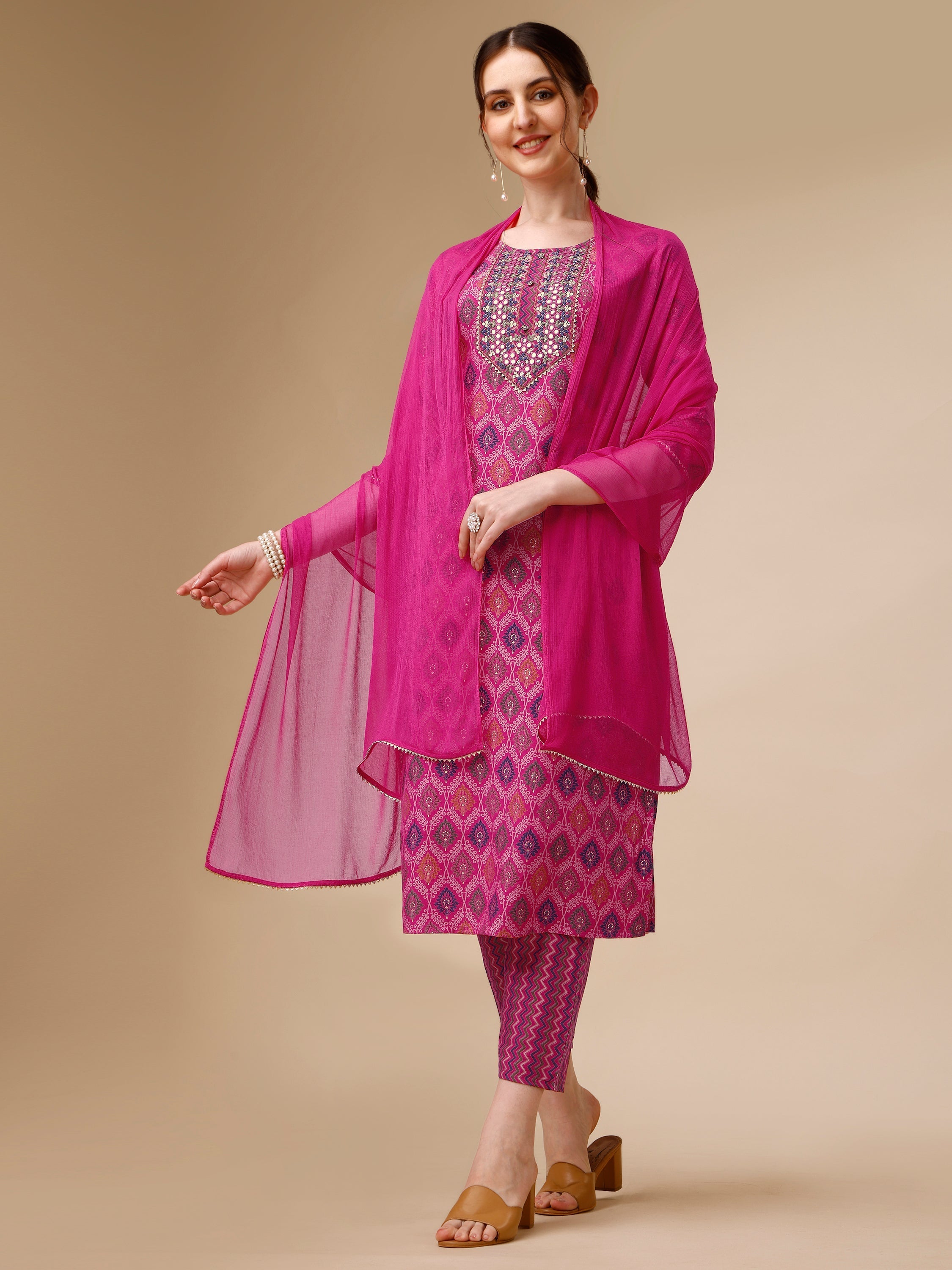 Mirror Embroidered & Printed Kurta With Pant & Dupatta Set, Multicolor - Hiral Fashion | Grocsy