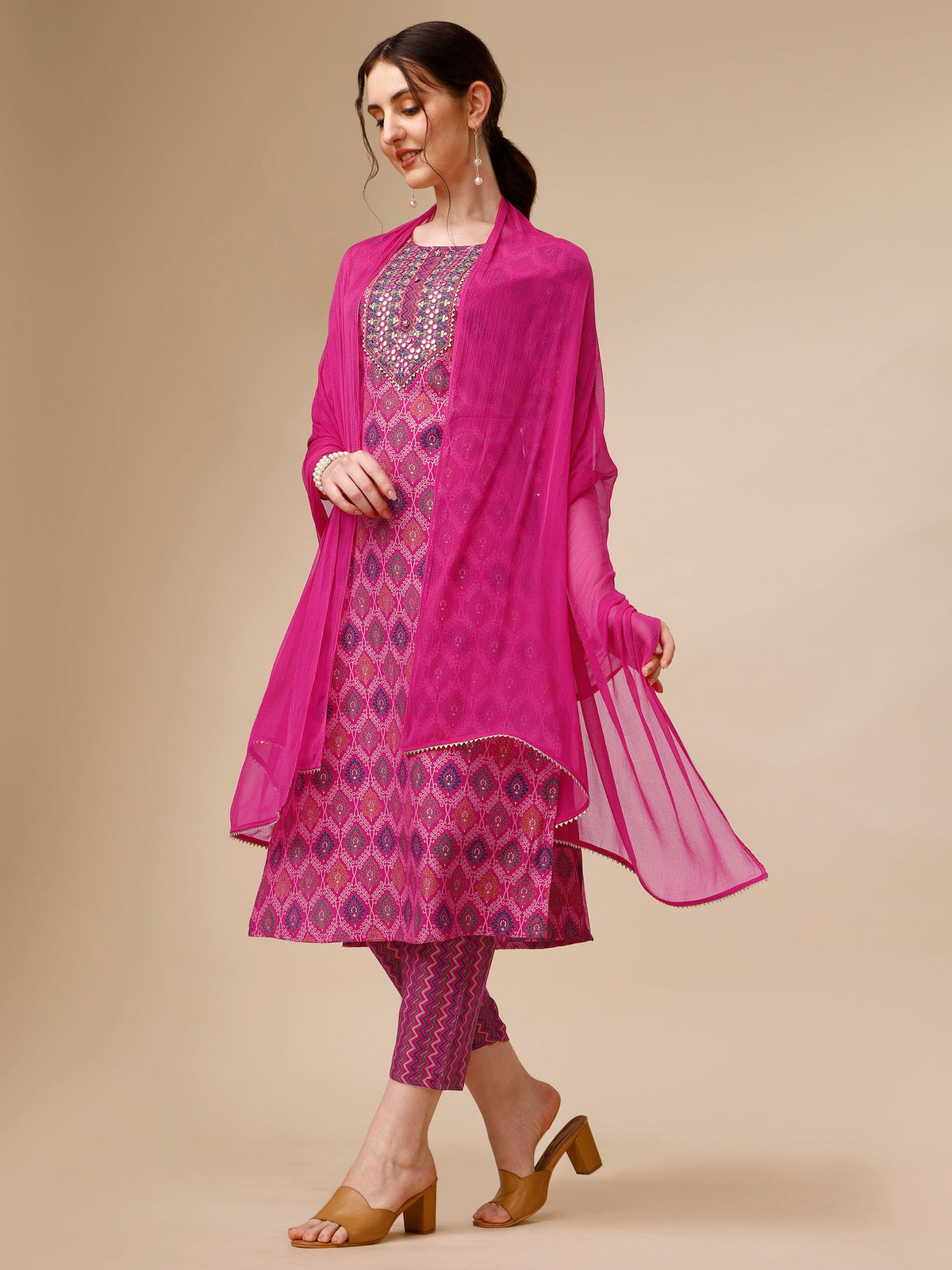 Mirror Embroidered & Printed Kurta With Pant & Dupatta Set, Multicolor - Hiral Fashion | Grocsy