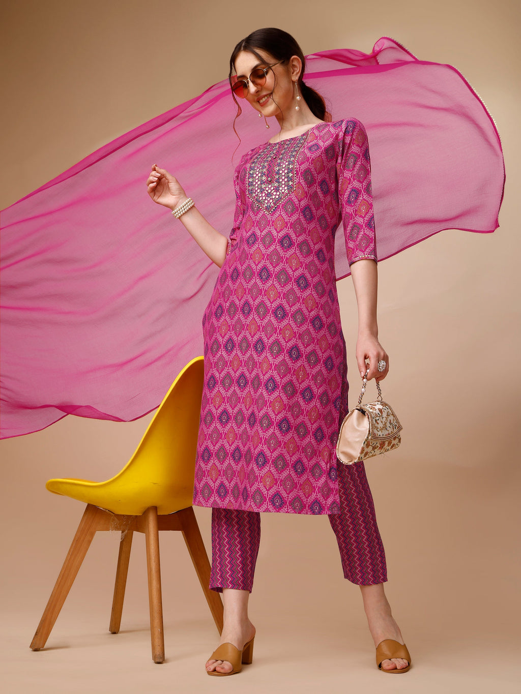Mirror Embroidered & Printed Kurta With Pant & Dupatta Set, Multicolor - Hiral Fashion | Grocsy